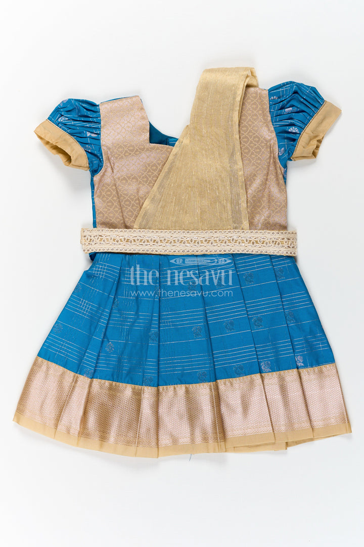 The Nesavu Girls Kanchi Silk Frock Girls Designer Silk Dresses in Semi Kanchivaram with Embroidery Lace and Elegant Dupatta Detail Nesavu Traditional Girls Designer Silk Dresses in Semi Kanchivaram with Embroidered Lace Dupatta | The Nesavu