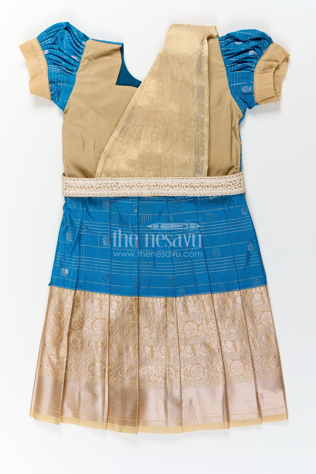 The Nesavu Girls Kanchi Silk Frock Girls Designer Silk Dresses in Semi Kanchivaram with Embroidery Lace and Elegant Dupatta Detail Nesavu Traditional Girls Designer Silk Dresses in Semi Kanchivaram with Embroidered Lace Dupatta | The Nesavu