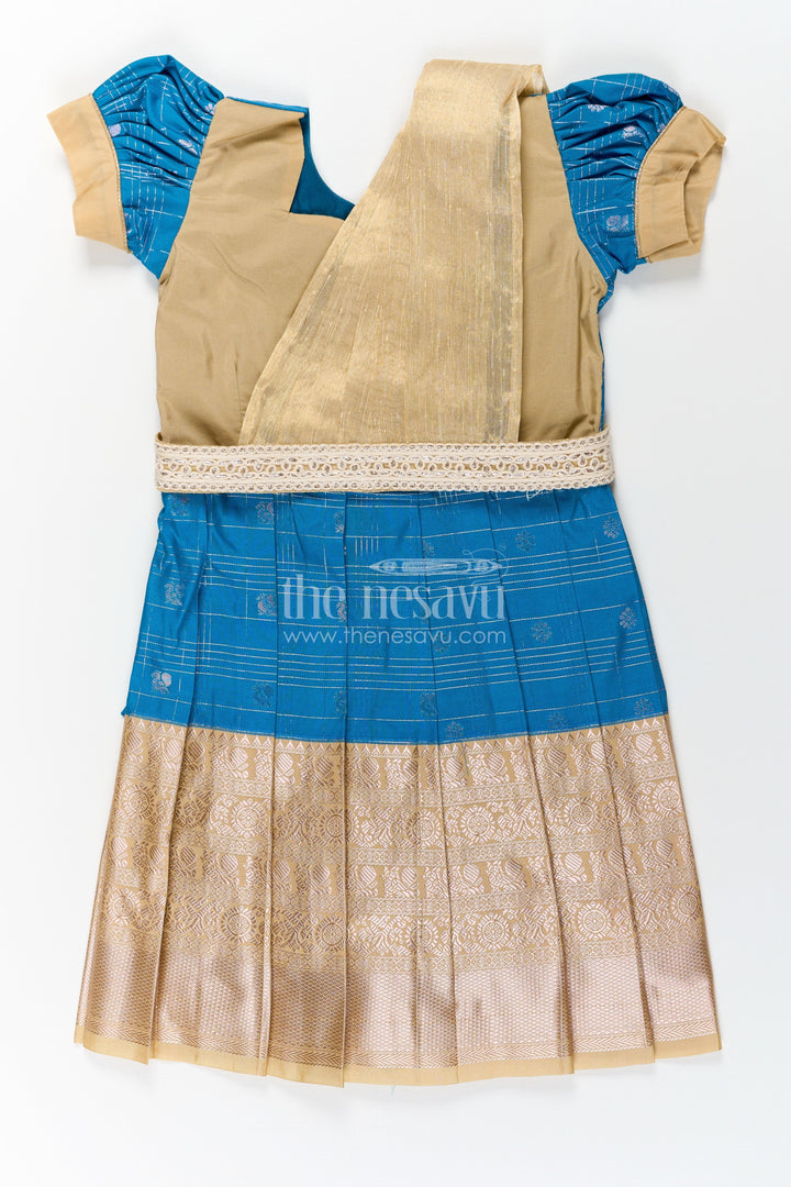 The Nesavu Girls Kanchi Silk Frock Girls Designer Silk Dresses in Semi Kanchivaram with Embroidery Lace and Elegant Dupatta Detail Nesavu Traditional Girls Designer Silk Dresses in Semi Kanchivaram with Embroidered Lace Dupatta | The Nesavu