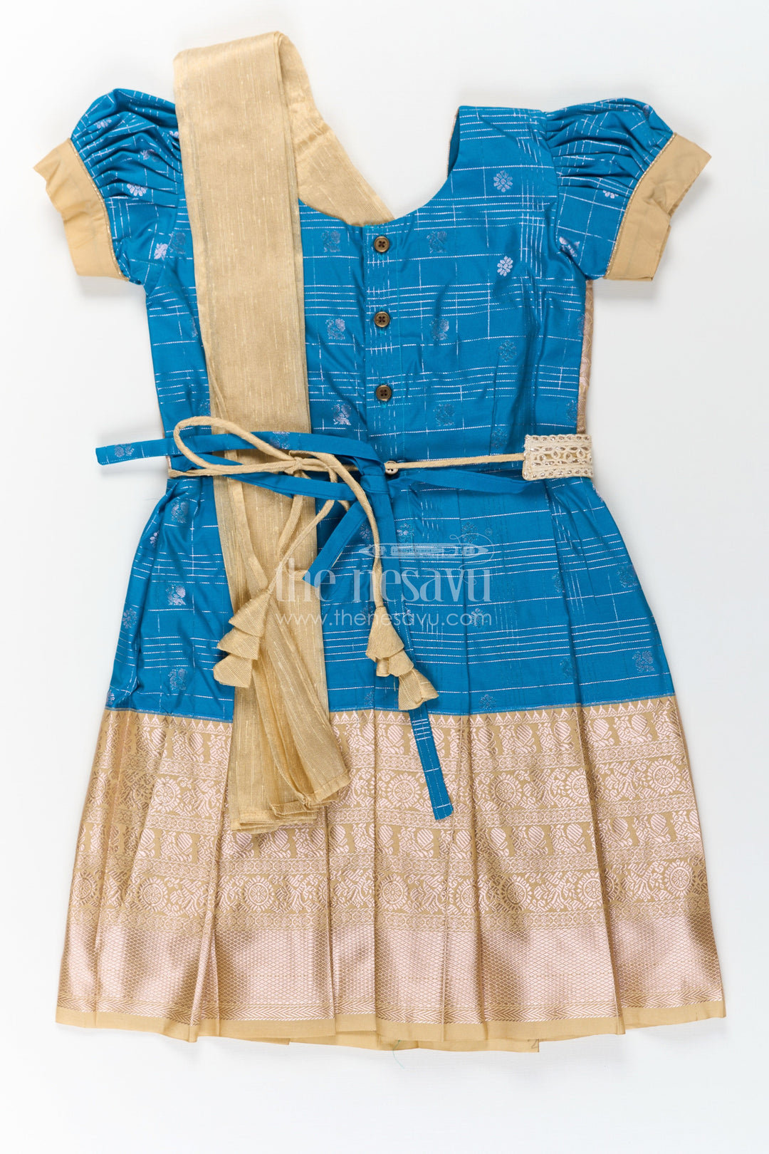 The Nesavu Girls Kanchi Silk Frock Girls Designer Silk Dresses in Semi Kanchivaram with Embroidery Lace and Elegant Dupatta Detail Nesavu Traditional Girls Designer Silk Dresses in Semi Kanchivaram with Embroidered Lace Dupatta | The Nesavu