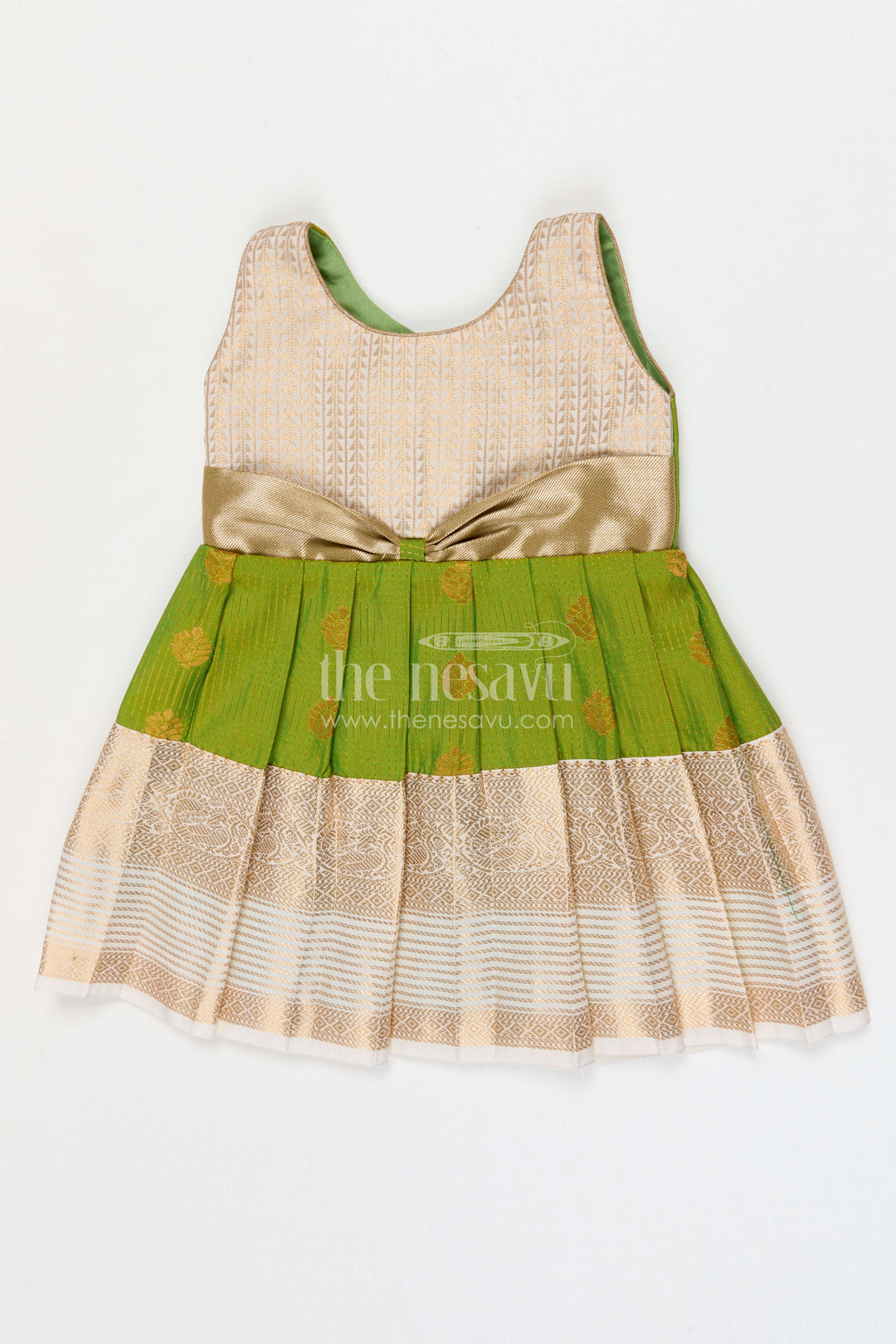 The Nesavu Girls Kanchi Silk Frock Girls Designer Silk Frock for Weddings and Festive Occasions Nesavu 10 (NB) / Green / Style 1 KSF026AA-10 Nesavu Girls Semi Designer Wedding Kanchivaram Silk Frock For Weddings And Festive Celebrations