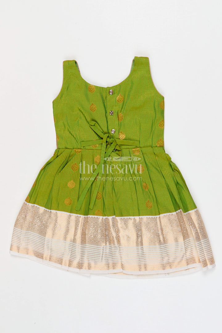 The Nesavu Girls Kanchi Silk Frock Girls Designer Silk Frock for Weddings and Festive Occasions Nesavu Nesavu Girls Semi Designer Wedding Kanchivaram Silk Frock For Weddings And Festive Celebrations