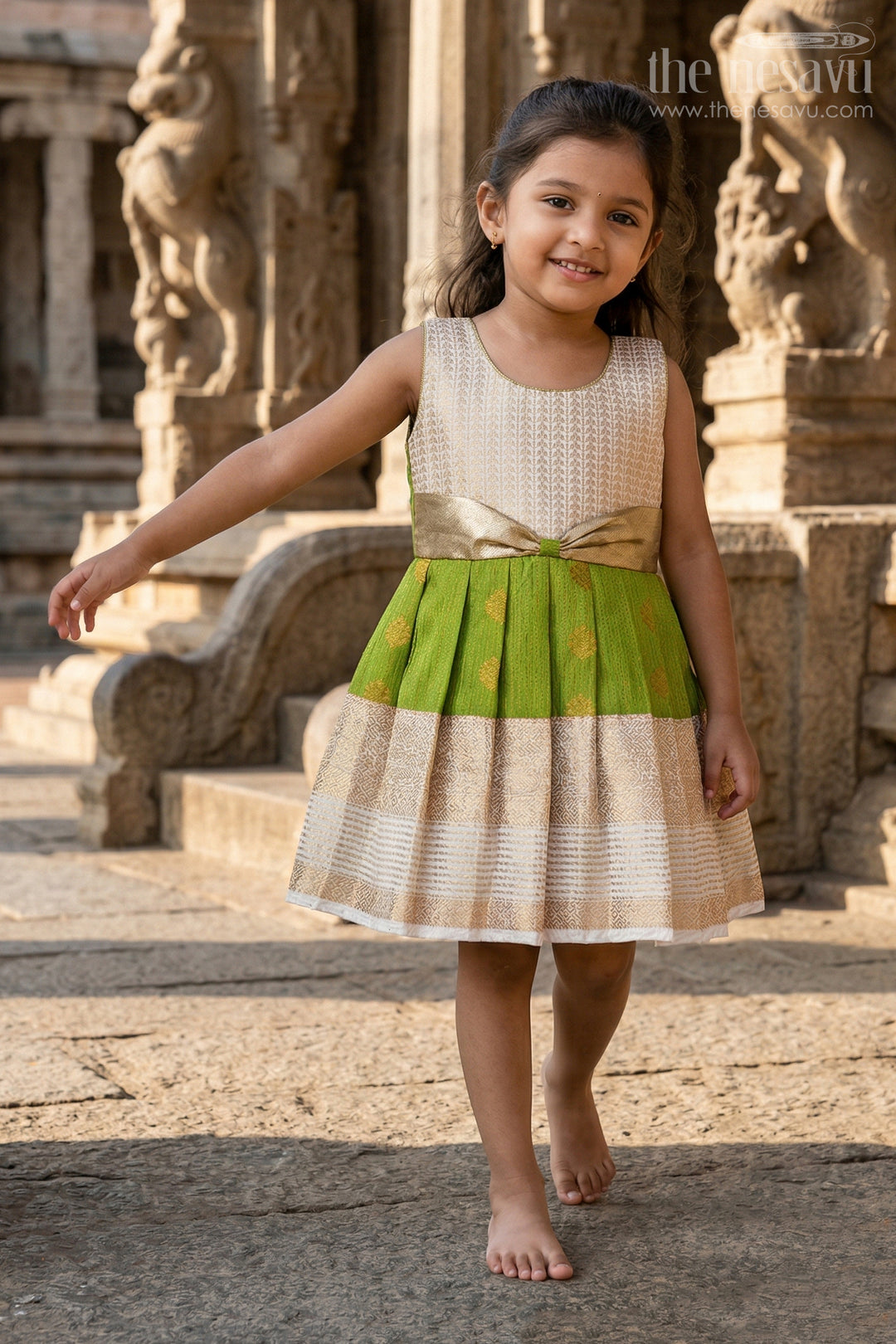 The Nesavu Girls Kanchi Silk Frock Girls Designer Silk Frock for Weddings and Festive Occasions Nesavu Nesavu Girls Semi Designer Wedding Kanchivaram Silk Frock For Weddings And Festive Celebrations