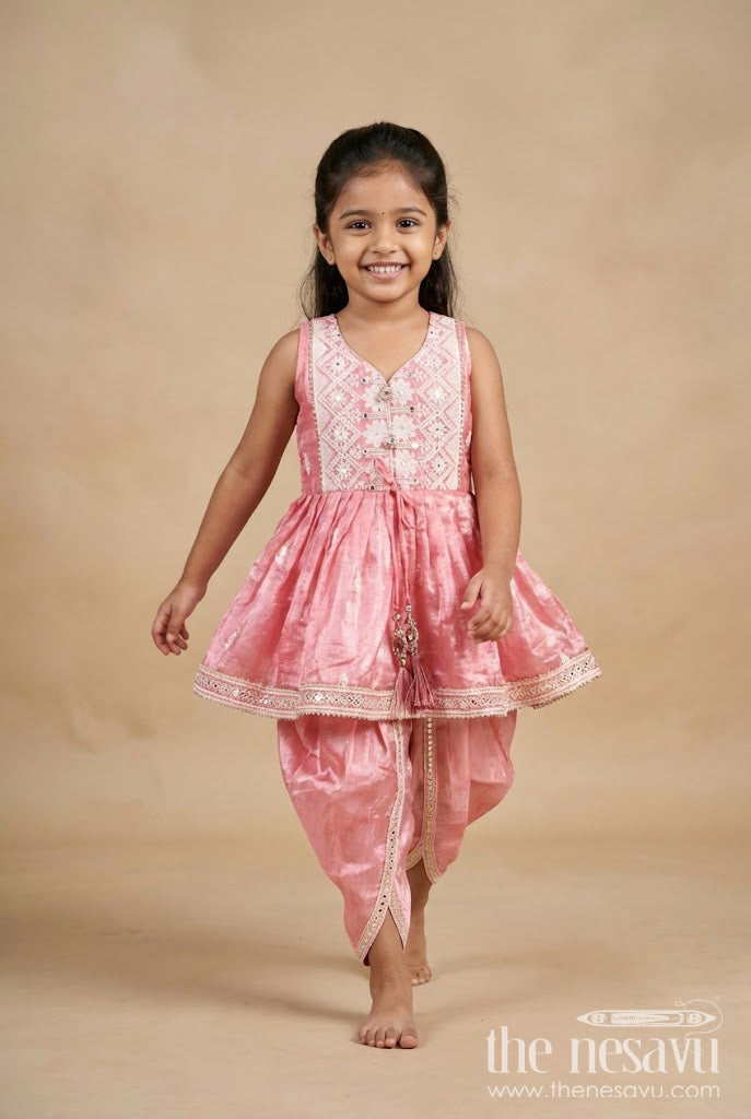 The Nesavu Girls Dothi Sets Girls Dhoti Kurti Set Embroidered Ethnic Partywear Nesavu Nesavu Pink Girls Ethnic Set Zari Work Dhoti Style Pants Shimmer Organza Fabric