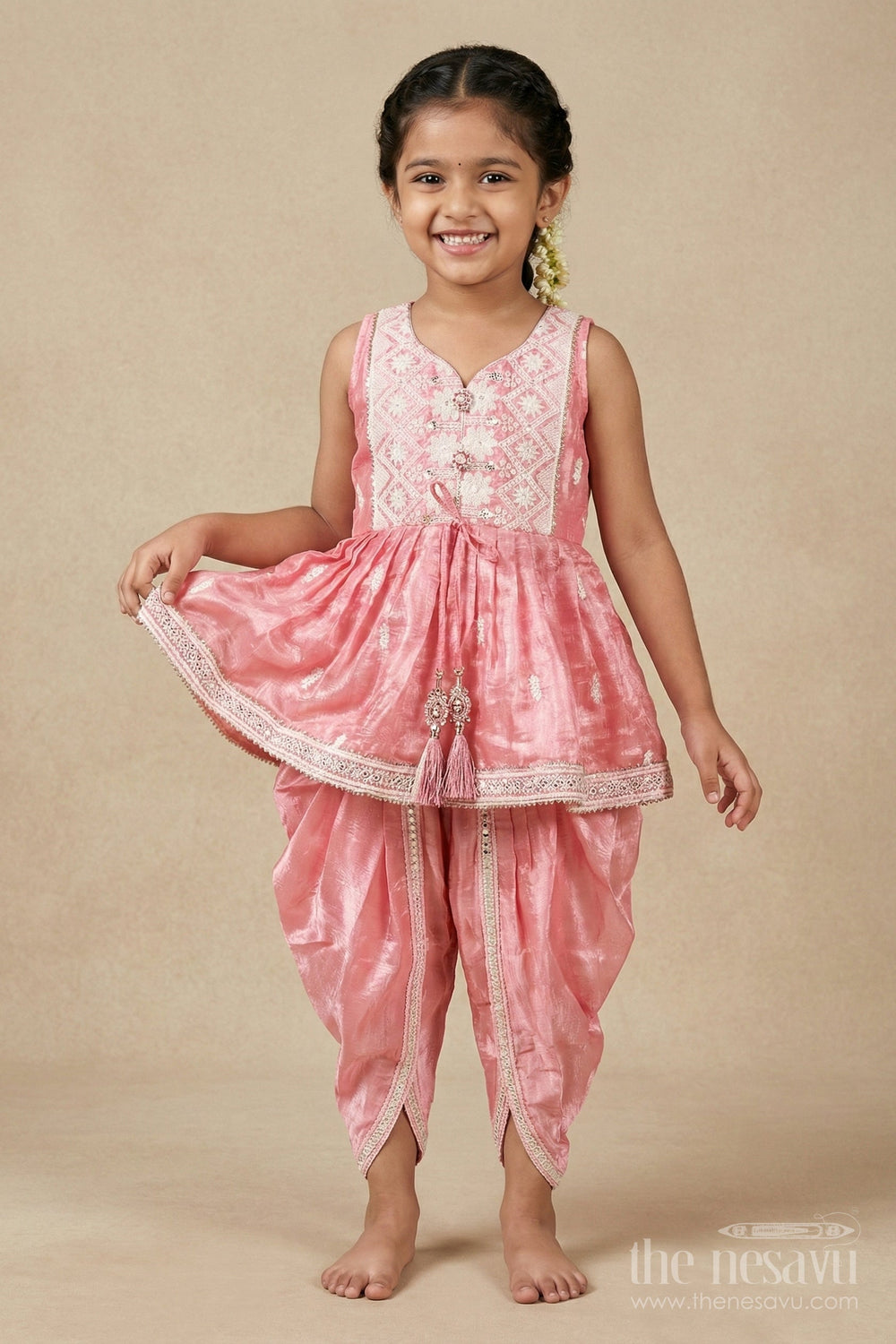 The Nesavu Girls Dothi Sets Girls Dhoti Kurti Set Embroidered Ethnic Partywear Nesavu Nesavu Pink Girls Ethnic Set Zari Work Dhoti Style Pants Shimmer Organza Fabric