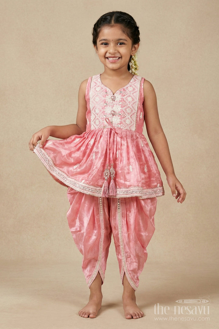 The Nesavu Girls Dothi Sets Girls Dhoti Kurti Set Embroidered Ethnic Partywear Nesavu Nesavu Pink Girls Ethnic Set Zari Work Dhoti Style Pants Shimmer Organza Fabric