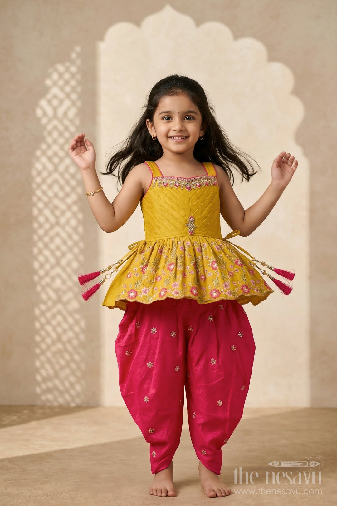 The Nesavu Girls Dothi Sets Girls Dhoti Set for Festive Celebrations and Traditional Events Nesavu 18 (2Y) / Yellow / Viscose Silk GPS979A-18 Nesavu girls viscose silk dhoti set for festive celebrations with designer yoke