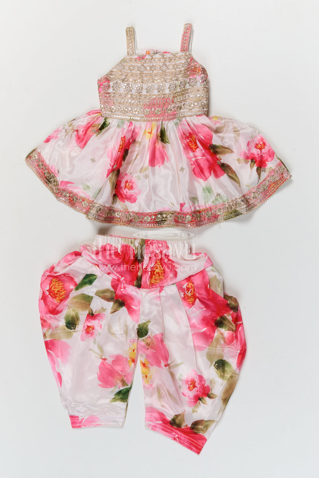 The Nesavu Girls Dothi Sets Girls Dhoti Set for Festive Occasions and Cultural Celebrations Nesavu 16 (1Y) / Half white / Silk GPS1007A-16 Nesavu girls crepe silk dhoti set with embroidered yoke for festive celebrations and weddings