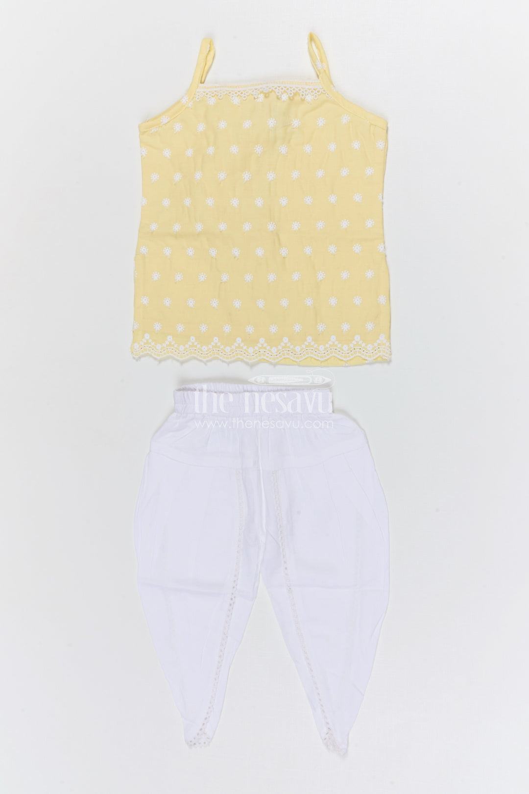The Nesavu Girls Dothi Sets Girls Dhoti Set for Festive Occasions and Traditional Functions Nesavu 14 (6M) / Yellow / Cotton GPS649A-14 Nesavu girls cotton dhoti set with thread embroidery for festive occasions