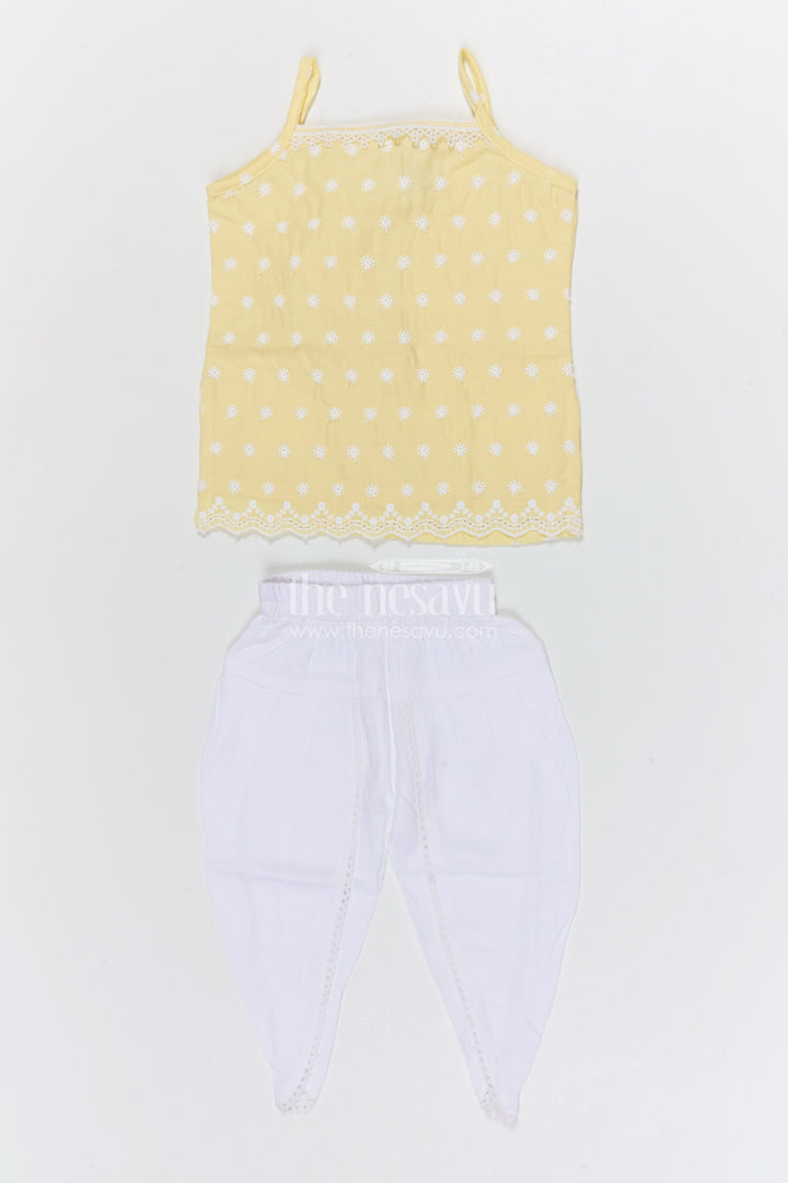 The Nesavu Girls Dothi Sets Girls Dhoti Set for Festive Occasions and Traditional Functions Nesavu 14 (6M) / Yellow / Cotton GPS649A-14 Nesavu girls cotton dhoti set with thread embroidery for festive occasions