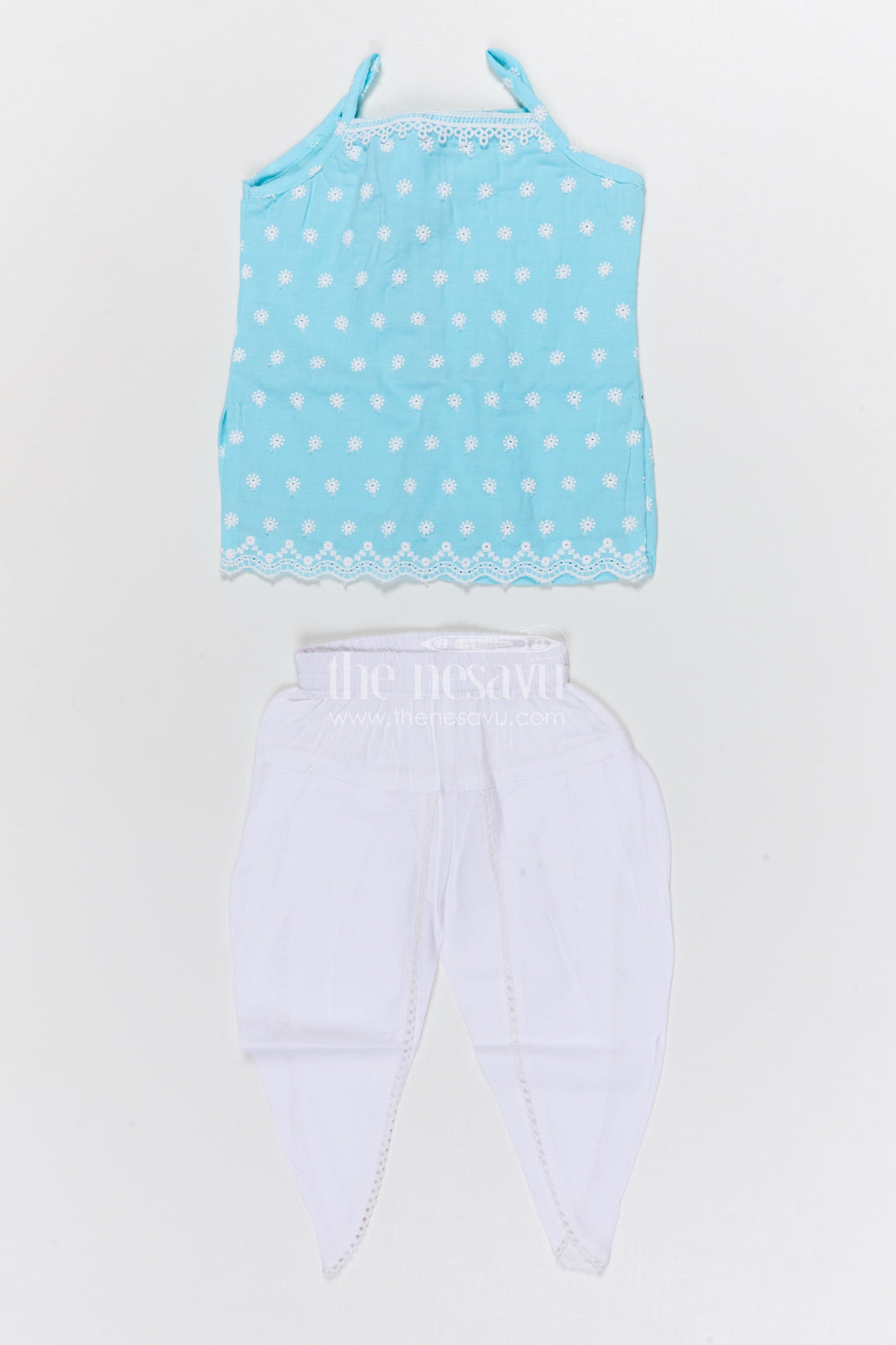 The Nesavu Girls Dothi Sets Girls Dhoti Set for School Ethnic Day and Festivals Nesavu 14 (6M) / Blue / Cotton GPS649D-14 Nesavu girls cotton dhoti set with thread embroidery for school ethnic day