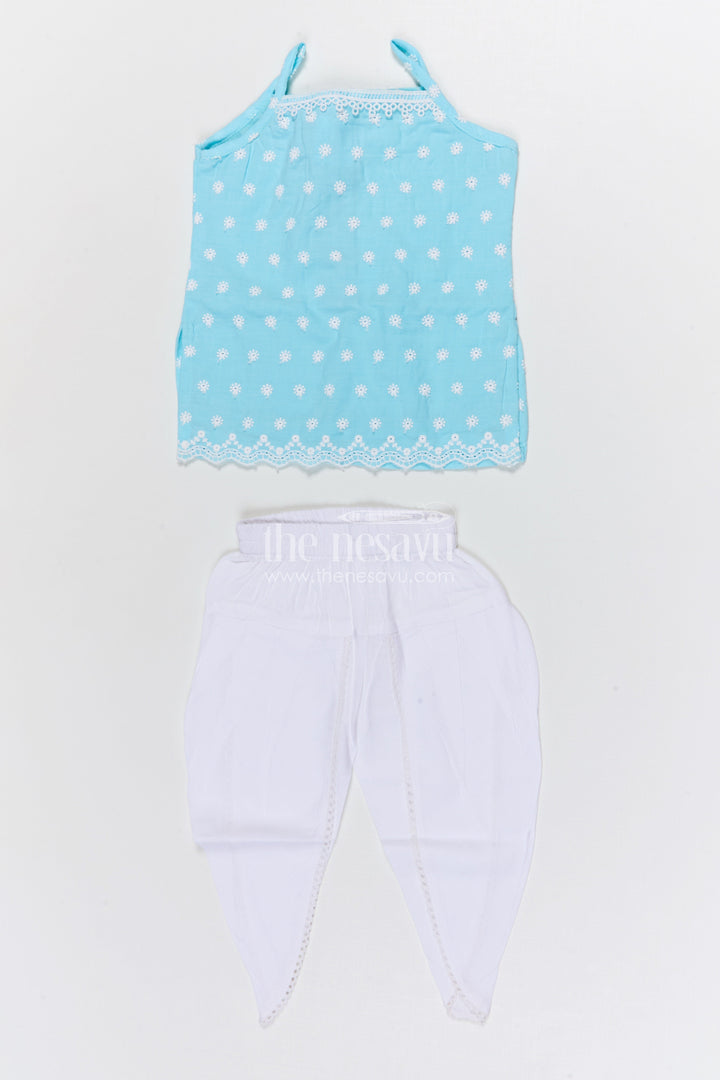 The Nesavu Girls Dothi Sets Girls Dhoti Set for School Ethnic Day and Festivals Nesavu 14 (6M) / Blue / Cotton GPS649D-14 Nesavu girls cotton dhoti set with thread embroidery for school ethnic day