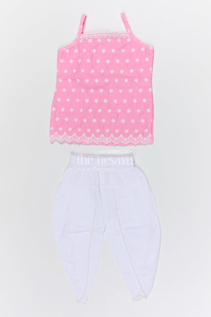 The Nesavu Girls Dothi Sets Girls Dhoti Set for Traditional Celebrations and Festive Wear Nesavu 14 (6M) / Pink / Cotton GPS649E-14 Nesavu girls cotton dhoti set with embroidered top for festive celebrations