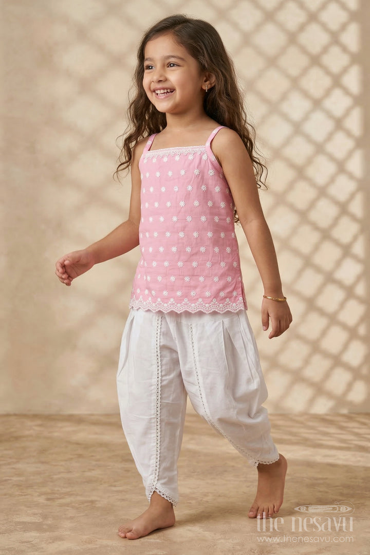 The Nesavu Girls Dothi Sets Girls Dhoti Set for Traditional Celebrations and Festive Wear Nesavu 14 (6M) / Pink / Cotton GPS649E-14 Nesavu girls cotton dhoti set with embroidered top for festive celebrations