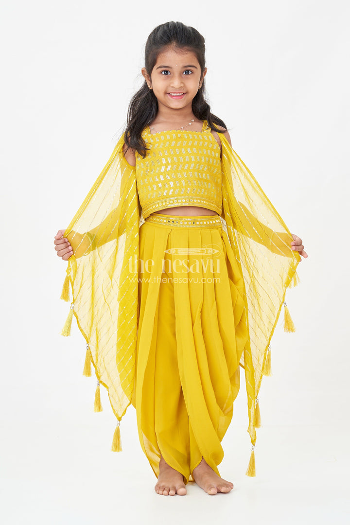 The Nesavu Girls Dothi Sets Girls Dhoti Style Palazzo Set in Mustard Georgette with Designer Embroidered Yoke and Tassel Dupatta Nesavu 18 (2Y) / Yellow GPS623A-18 Mustard Dhoti Style Palazzo Set Girls Embroidered Yoke Tassel Dupatta | The Nesavu