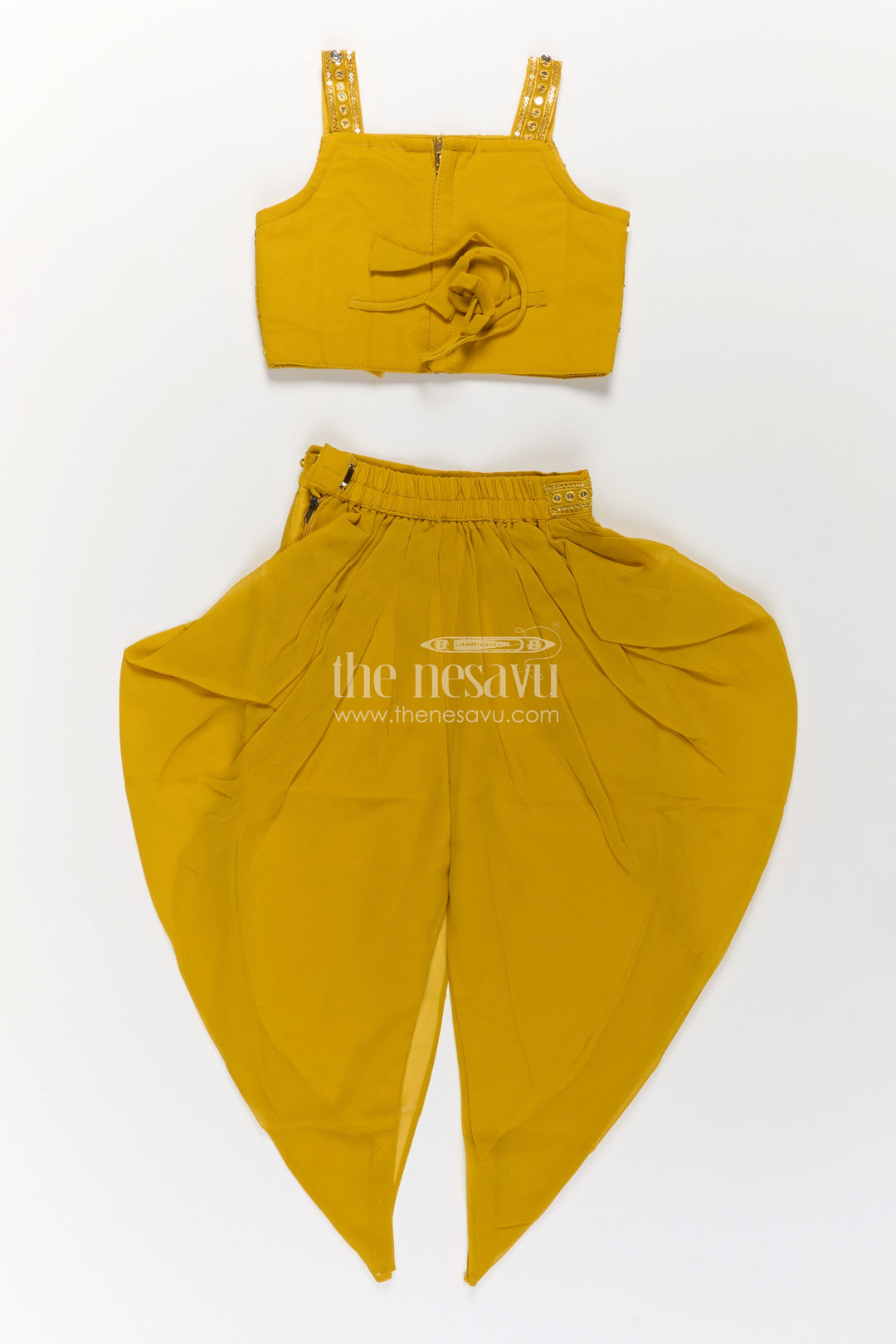 The Nesavu Girls Dothi Sets Girls Dhoti Style Palazzo Set in Mustard Georgette with Designer Embroidered Yoke and Tassel Dupatta Nesavu Mustard Dhoti Style Palazzo Set Girls Embroidered Yoke Tassel Dupatta | The Nesavu