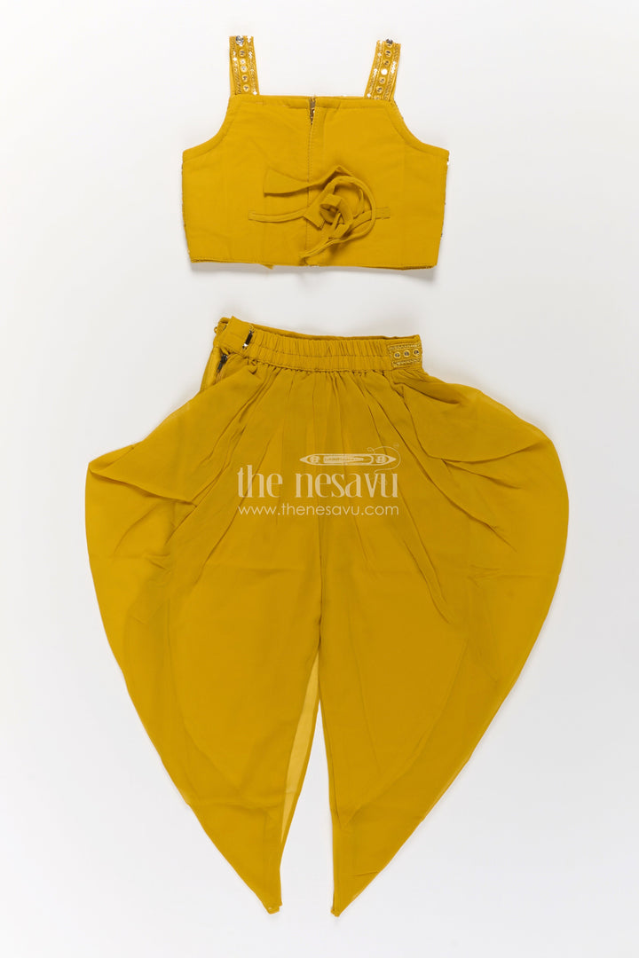 The Nesavu Girls Dothi Sets Girls Dhoti Style Palazzo Set in Mustard Georgette with Designer Embroidered Yoke and Tassel Dupatta Nesavu Mustard Dhoti Style Palazzo Set Girls Embroidered Yoke Tassel Dupatta | The Nesavu