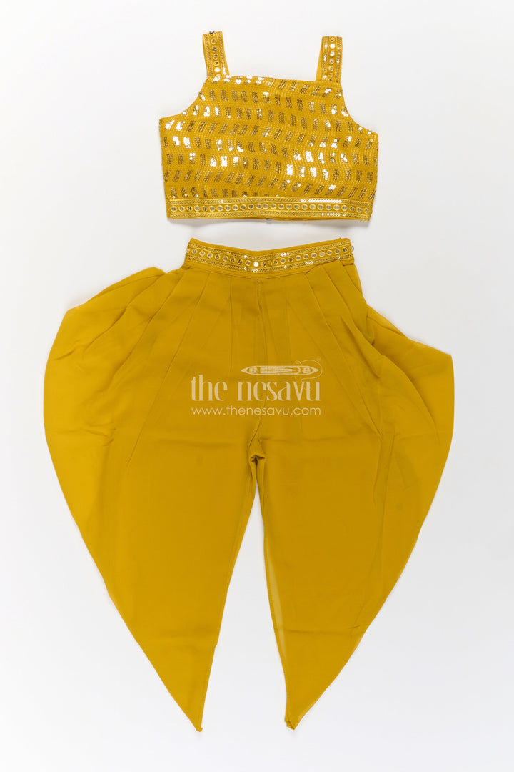 The Nesavu Girls Dothi Sets Girls Dhoti Style Palazzo Set in Mustard Georgette with Designer Embroidered Yoke and Tassel Dupatta Nesavu Mustard Dhoti Style Palazzo Set Girls Embroidered Yoke Tassel Dupatta | The Nesavu
