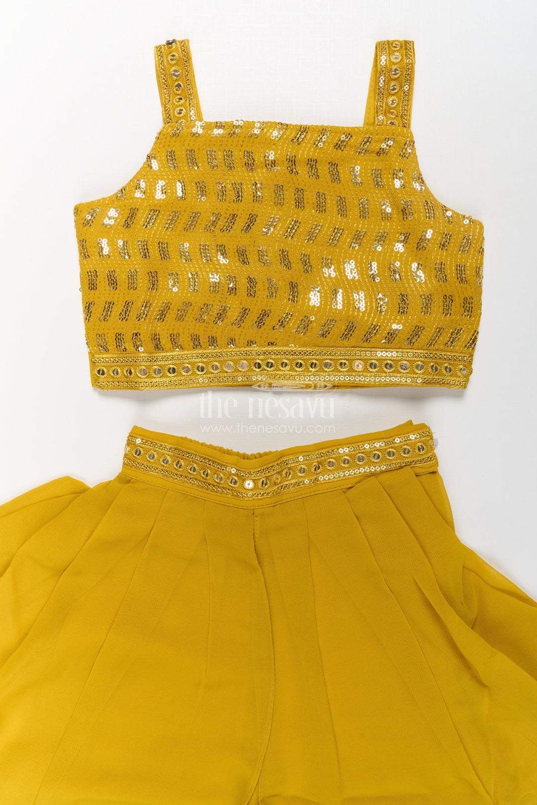 The Nesavu Girls Dothi Sets Girls Dhoti Style Palazzo Set in Mustard Georgette with Designer Embroidered Yoke and Tassel Dupatta Nesavu Mustard Dhoti Style Palazzo Set Girls Embroidered Yoke Tassel Dupatta | The Nesavu