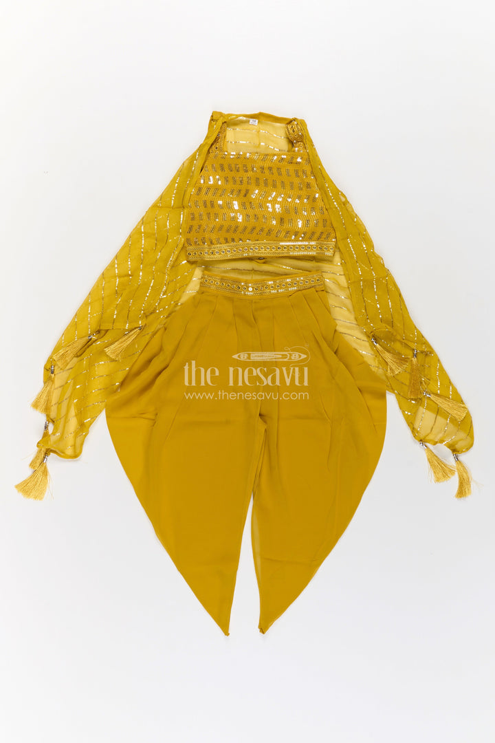 The Nesavu Girls Dothi Sets Girls Dhoti Style Palazzo Set in Mustard Georgette with Designer Embroidered Yoke and Tassel Dupatta Nesavu Mustard Dhoti Style Palazzo Set Girls Embroidered Yoke Tassel Dupatta | The Nesavu