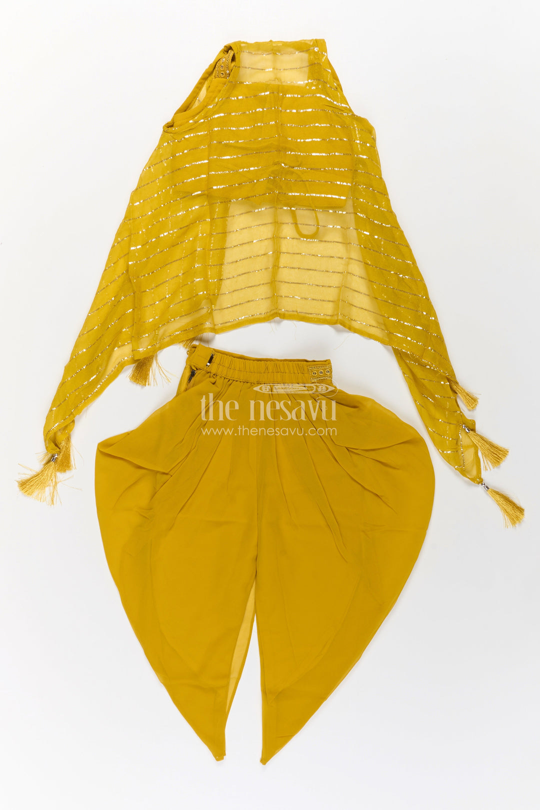 The Nesavu Girls Dothi Sets Girls Dhoti Style Palazzo Set in Mustard Georgette with Designer Embroidered Yoke and Tassel Dupatta Nesavu Mustard Dhoti Style Palazzo Set Girls Embroidered Yoke Tassel Dupatta | The Nesavu