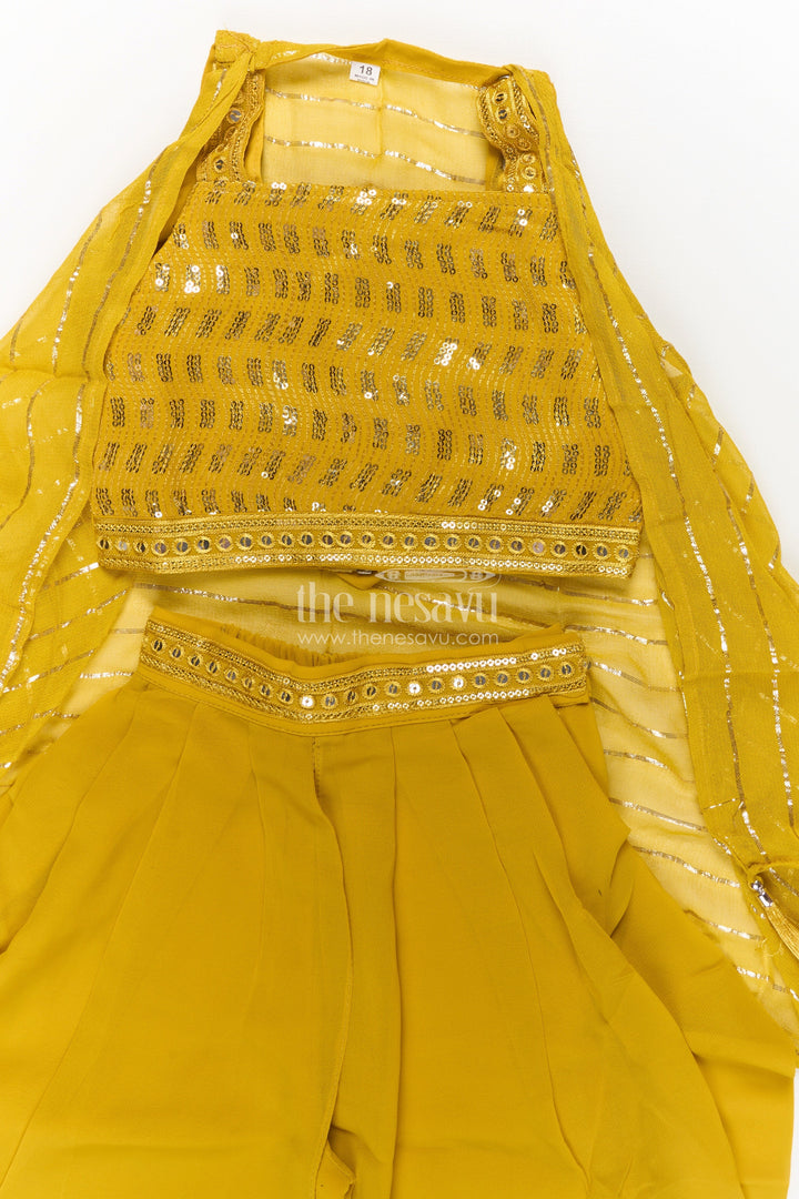 The Nesavu Girls Dothi Sets Girls Dhoti Style Palazzo Set in Mustard Georgette with Designer Embroidered Yoke and Tassel Dupatta Nesavu Mustard Dhoti Style Palazzo Set Girls Embroidered Yoke Tassel Dupatta | The Nesavu