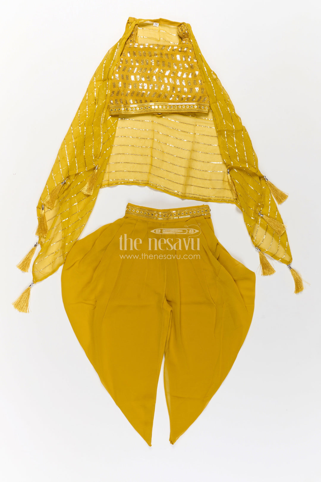 The Nesavu Girls Dothi Sets Girls Dhoti Style Palazzo Set in Mustard Georgette with Designer Embroidered Yoke and Tassel Dupatta Nesavu Mustard Dhoti Style Palazzo Set Girls Embroidered Yoke Tassel Dupatta | The Nesavu