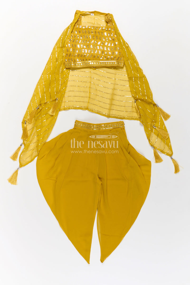The Nesavu Girls Dothi Sets Girls Dhoti Style Palazzo Set in Mustard Georgette with Designer Embroidered Yoke and Tassel Dupatta Nesavu Mustard Dhoti Style Palazzo Set Girls Embroidered Yoke Tassel Dupatta | The Nesavu