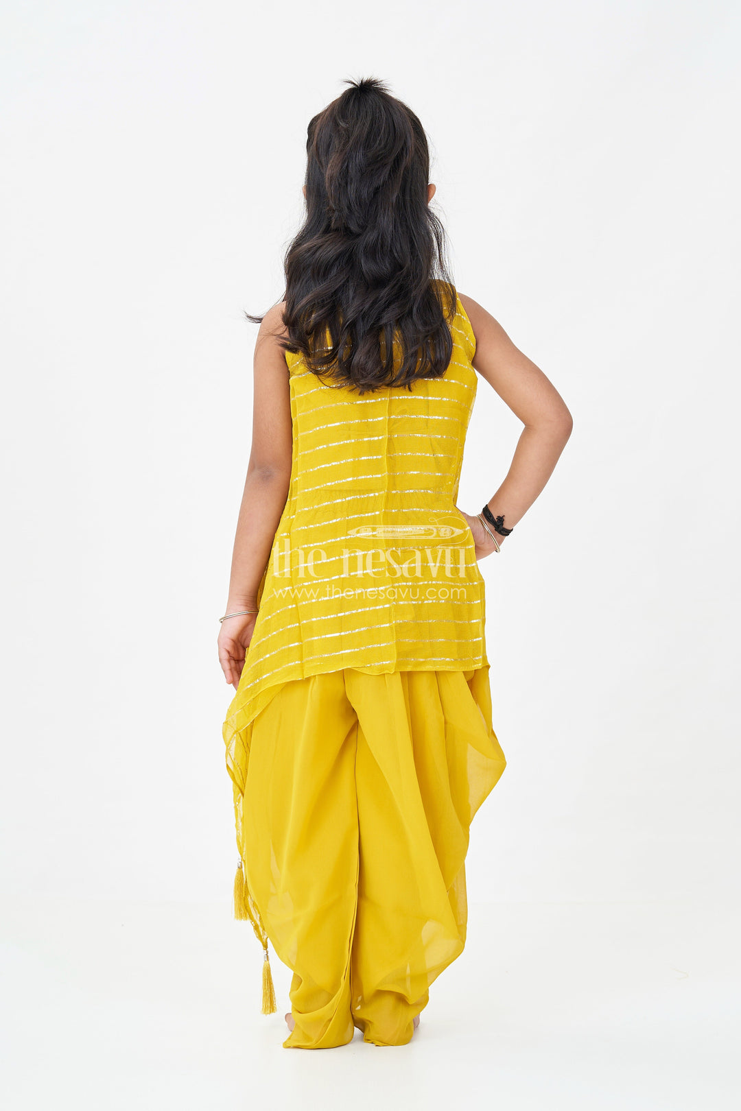 The Nesavu Girls Dothi Sets Girls Dhoti Style Palazzo Set in Mustard Georgette with Designer Embroidered Yoke and Tassel Dupatta Nesavu Mustard Dhoti Style Palazzo Set Girls Embroidered Yoke Tassel Dupatta | The Nesavu