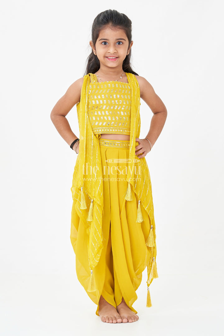 The Nesavu Girls Dothi Sets Girls Dhoti Style Palazzo Set in Mustard Georgette with Designer Embroidered Yoke and Tassel Dupatta Nesavu Mustard Dhoti Style Palazzo Set Girls Embroidered Yoke Tassel Dupatta | The Nesavu