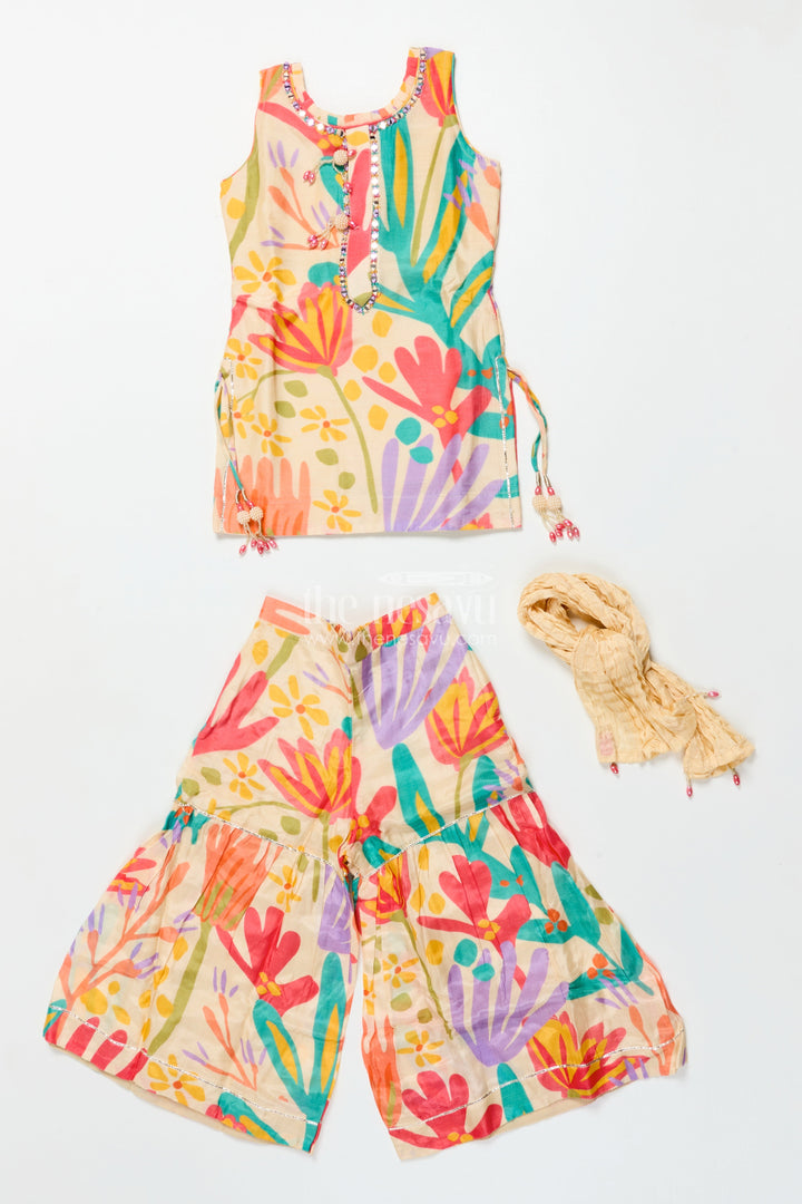 The Nesavu Girls Sharara / Plazo Set Girls Digital Floral Printed Sharara Suit In Viscose Muslin Silk Nesavu Nesavu girls floral printed muslin sharara set  festive ethnic outfit