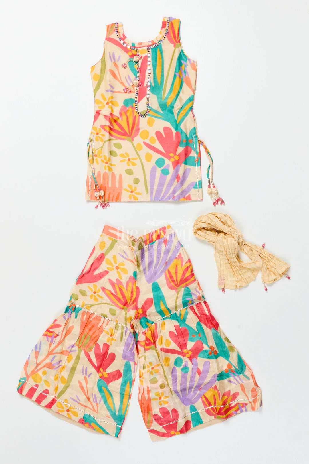 The Nesavu Girls Sharara / Plazo Set Girls Digital Floral Printed Sharara Suit In Viscose Muslin Silk Nesavu Nesavu girls floral printed muslin sharara set  festive ethnic outfit