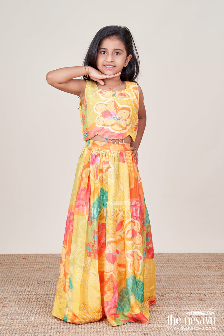 The Nesavu Girls Lehenga Choli Girls Digital Print Lehenga Choli in Muslin Silk for Festivals and School Events Nesavu 18 (2Y) / Yellow GL793A-18 Nesavu girls muslin silk lehenga choli digital print  ideal Diwali festive school events