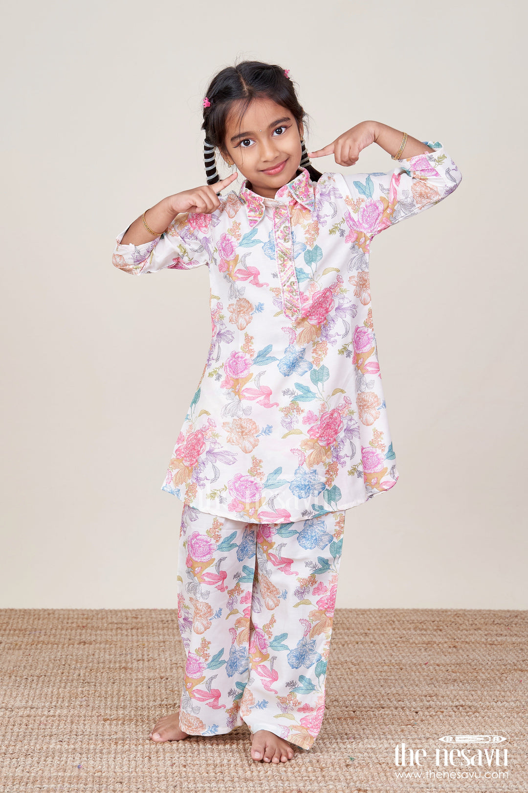 The Nesavu Girls Casual Set Girls Digital Print Top and Pants Co-Ord Set In Modal Silk Nesavu 24 (5Y) / Cream GPS660A-24 Nesavu girls digital printed modal silk co-ord set casual festive wear