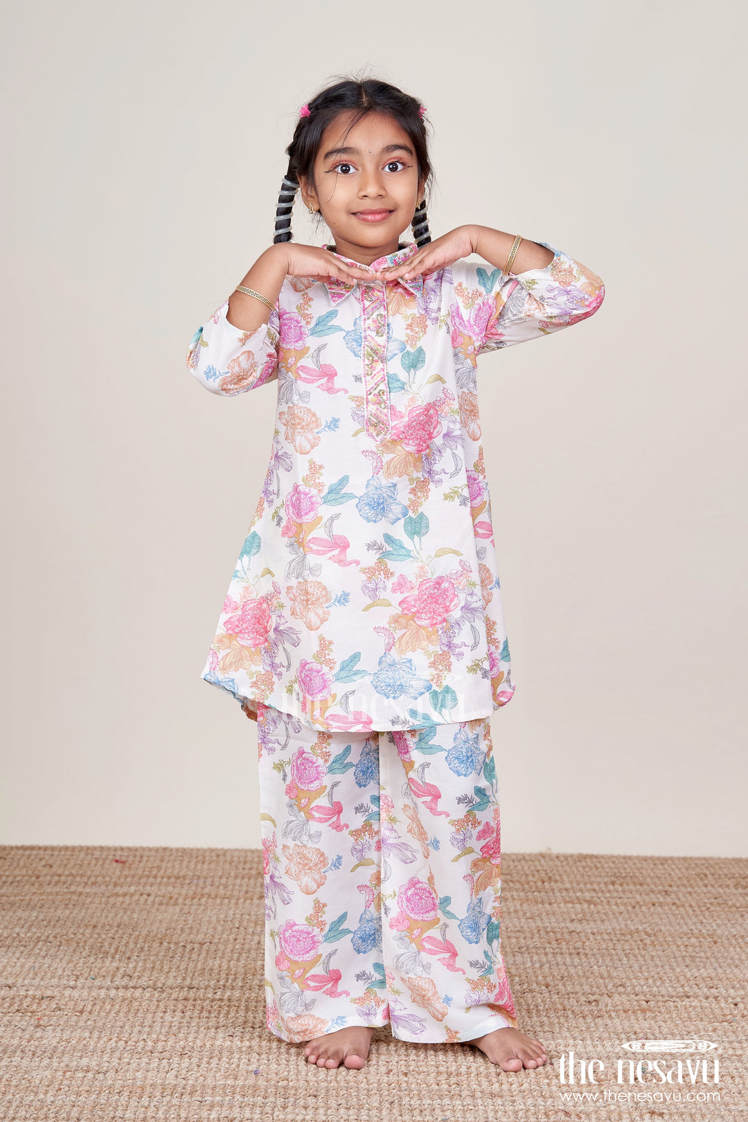 The Nesavu Girls Casual Set Girls Digital Print Top and Pants Co-Ord Set In Modal Silk Nesavu Nesavu girls digital printed modal silk co-ord set casual festive wear