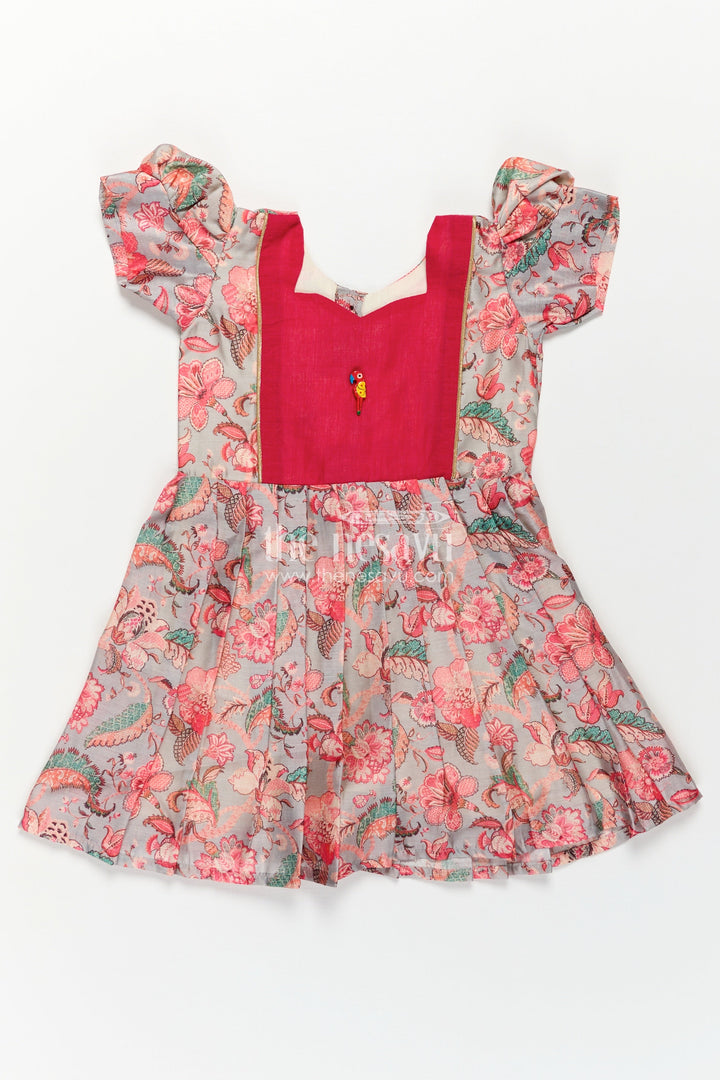The Nesavu Girls Chanderi Frock Girls Digital Printed Chanderi Frock with Pleats and Parrot Brooch in Beautiful Design Frock Style Nesavu 18 (2Y) / Gray GFC1741A-18 Girls Beautiful Design Frock Digital Printed Chanderi Pink Yoke Whimsical Floral Print | The Nesavu