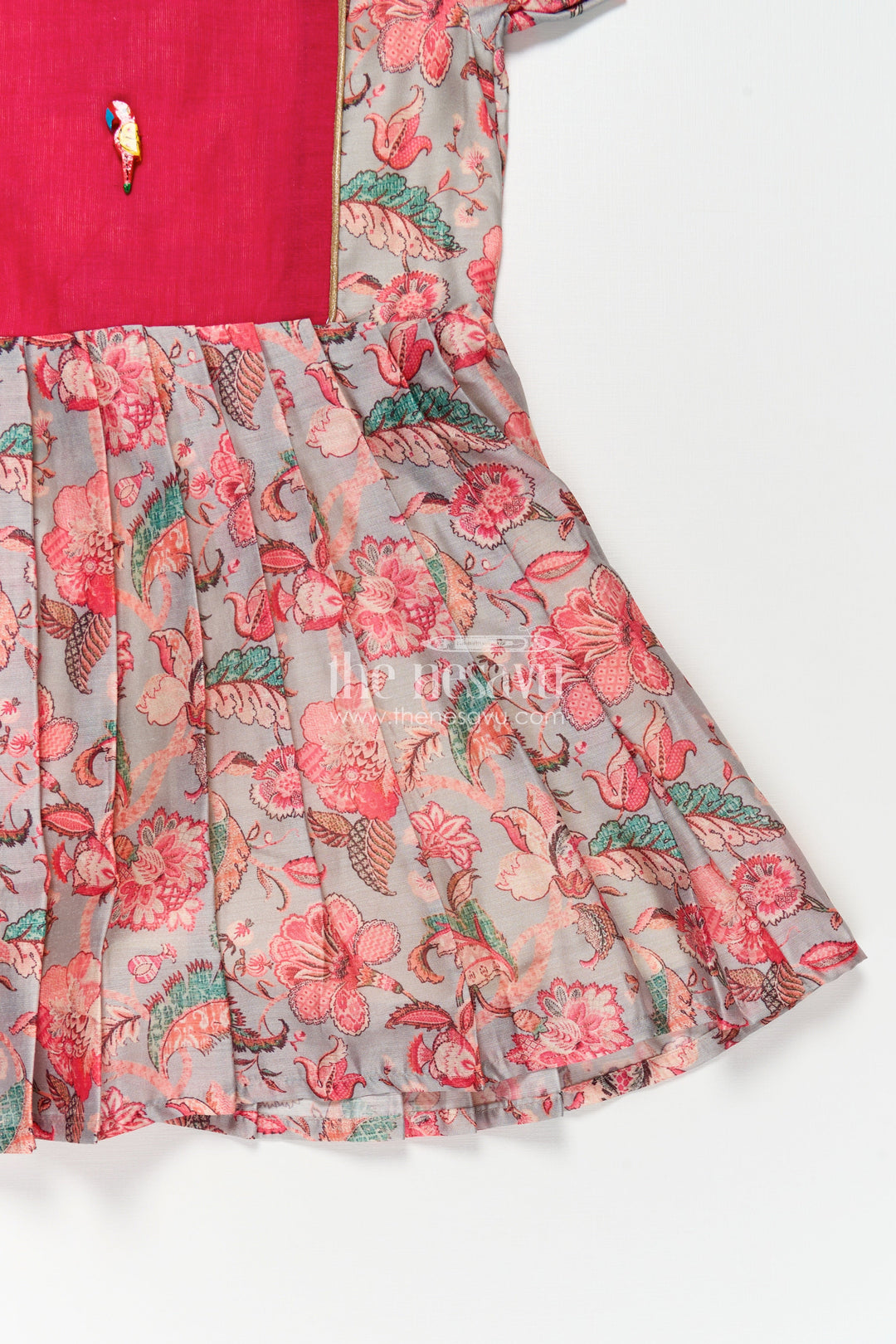 The Nesavu Girls Chanderi Frock Girls Digital Printed Chanderi Frock with Pleats and Parrot Brooch in Beautiful Design Frock Style Nesavu Girls Beautiful Design Frock Digital Printed Chanderi Pink Yoke Whimsical Floral Print | The Nesavu
