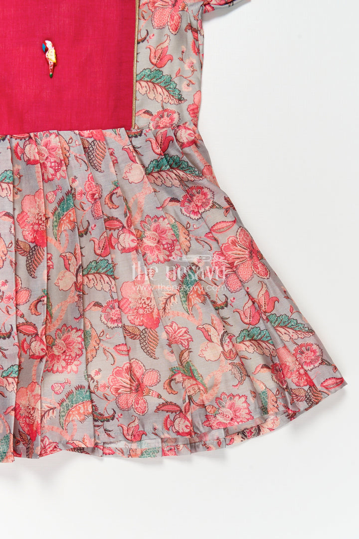 The Nesavu Girls Chanderi Frock Girls Digital Printed Chanderi Frock with Pleats and Parrot Brooch in Beautiful Design Frock Style Nesavu Girls Beautiful Design Frock Digital Printed Chanderi Pink Yoke Whimsical Floral Print | The Nesavu