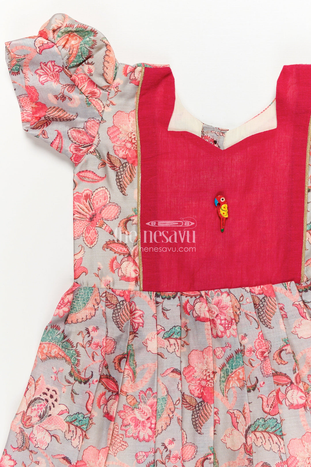 The Nesavu Girls Chanderi Frock Girls Digital Printed Chanderi Frock with Pleats and Parrot Brooch in Beautiful Design Frock Style Nesavu Girls Beautiful Design Frock Digital Printed Chanderi Pink Yoke Whimsical Floral Print | The Nesavu