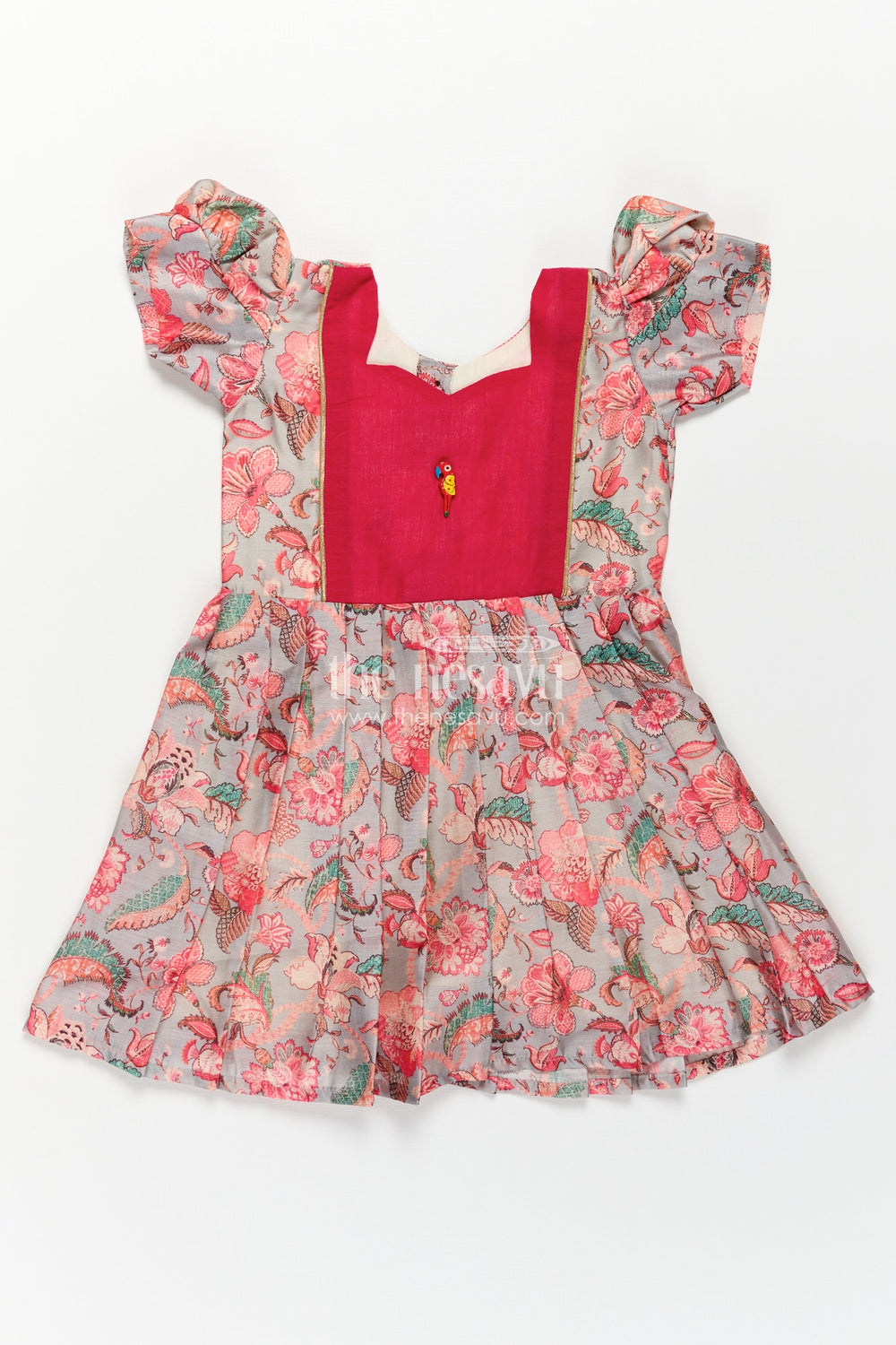 The Nesavu Girls Chanderi Frock Girls Digital Printed Chanderi Frock with Pleats and Parrot Brooch in Beautiful Design Frock Style Nesavu Girls Beautiful Design Frock Digital Printed Chanderi Pink Yoke Whimsical Floral Print | The Nesavu