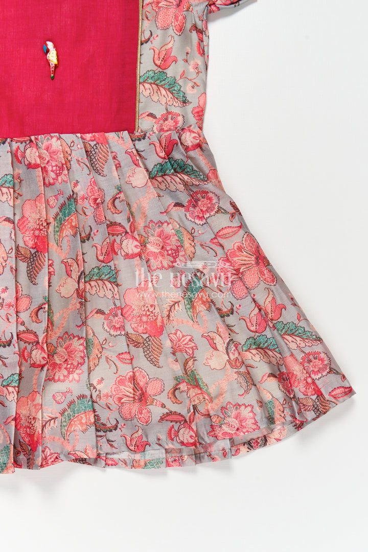The Nesavu Girls Chanderi Frock Girls Digital Printed Chanderi Frock with Pleats and Parrot Brooch in Beautiful Design Frock Style Nesavu Girls Beautiful Design Frock Digital Printed Chanderi Pink Yoke Whimsical Floral Print | The Nesavu