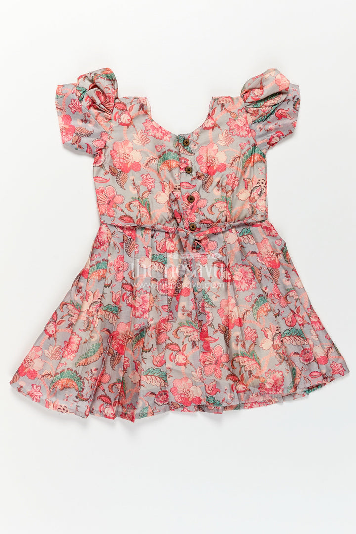 The Nesavu Girls Chanderi Frock Girls Digital Printed Chanderi Frock with Pleats and Parrot Brooch in Beautiful Design Frock Style Nesavu Girls Beautiful Design Frock Digital Printed Chanderi Pink Yoke Whimsical Floral Print | The Nesavu
