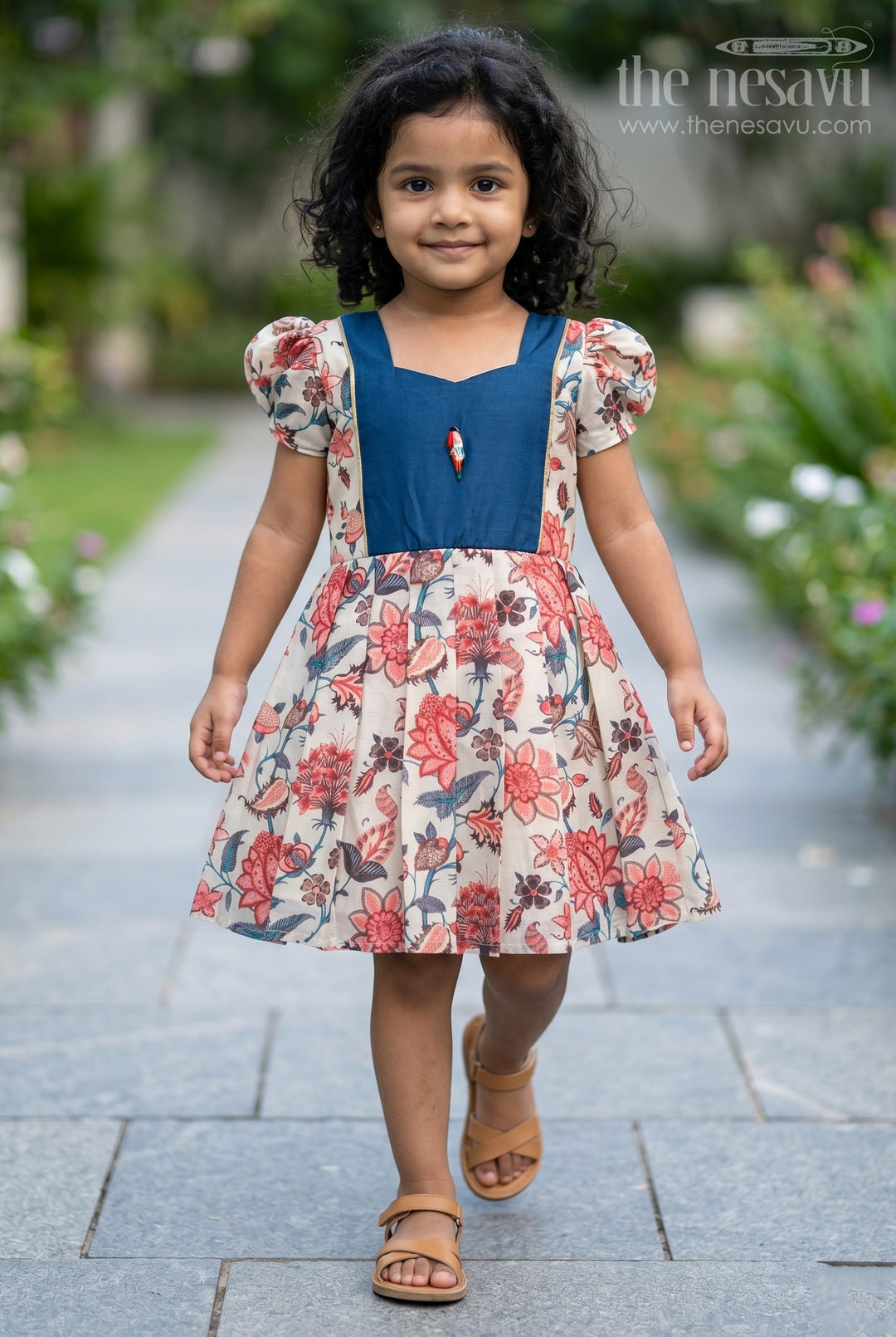 The Nesavu Girls Chanderi Frock Girls Digital Printed Chanderi Frock with Puff Sleeves and Blue Contrast Bodice in Frock Frill Style Nesavu 18 (2Y) / Green GFC1740A-18 Girls Frock Frill Style Dress Floral Printed Chanderi Blue Yoke Puff Sleeves | The Nesavu