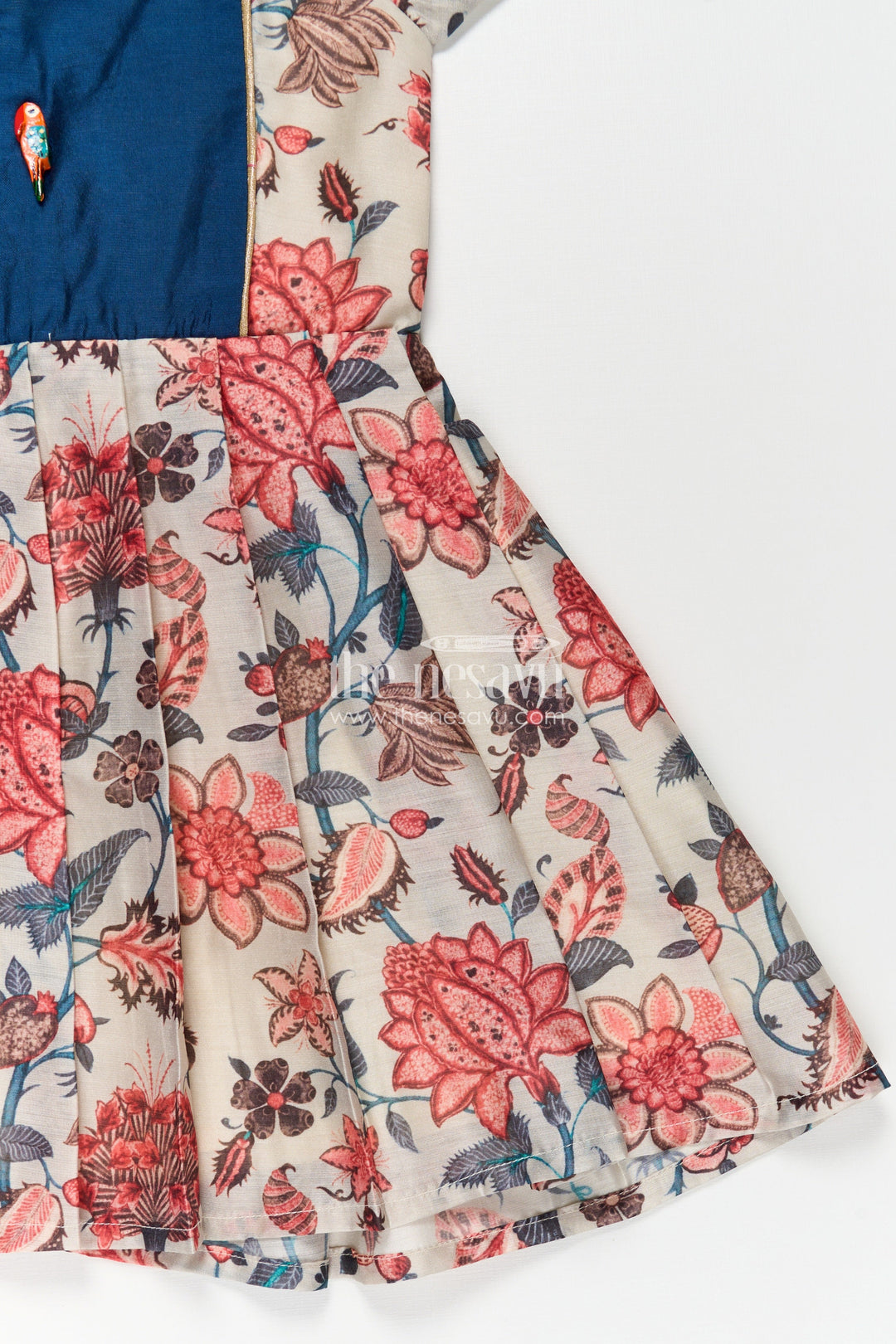 The Nesavu Girls Chanderi Frock Girls Digital Printed Chanderi Frock with Puff Sleeves and Blue Contrast Bodice in Frock Frill Style Nesavu Girls Frock Frill Style Dress Floral Printed Chanderi Blue Yoke Puff Sleeves | The Nesavu