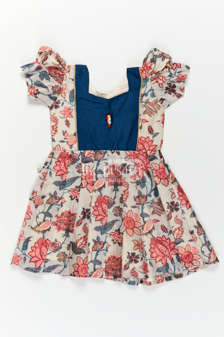 The Nesavu Girls Chanderi Frock Girls Digital Printed Chanderi Frock with Puff Sleeves and Blue Contrast Bodice in Frock Frill Style Nesavu Girls Frock Frill Style Dress Floral Printed Chanderi Blue Yoke Puff Sleeves | The Nesavu