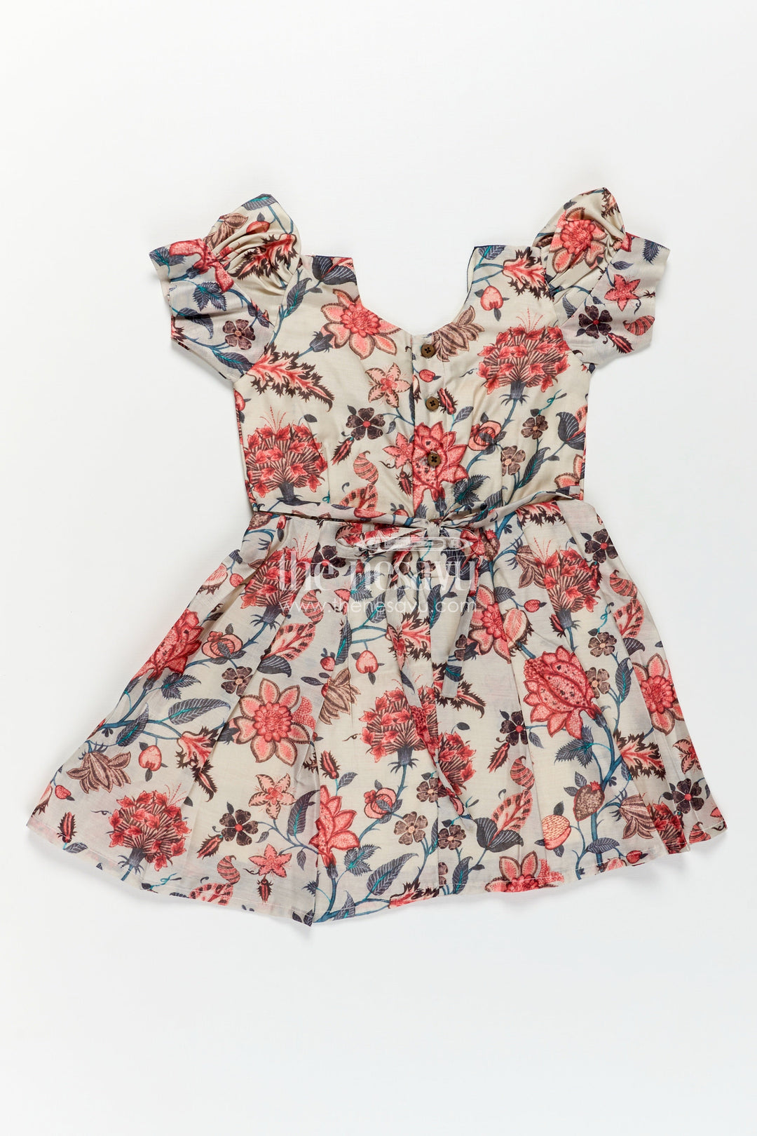 The Nesavu Girls Chanderi Frock Girls Digital Printed Chanderi Frock with Puff Sleeves and Blue Contrast Bodice in Frock Frill Style Nesavu Girls Frock Frill Style Dress Floral Printed Chanderi Blue Yoke Puff Sleeves | The Nesavu