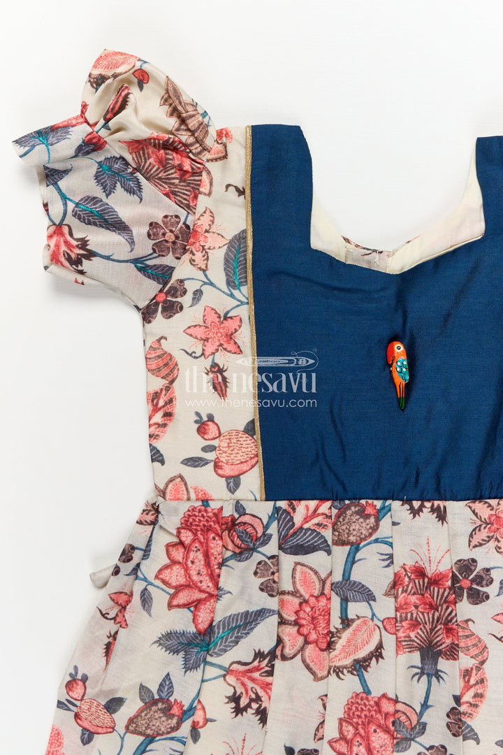 The Nesavu Girls Chanderi Frock Girls Digital Printed Chanderi Frock with Puff Sleeves and Blue Contrast Bodice in Frock Frill Style Nesavu Girls Frock Frill Style Dress Floral Printed Chanderi Blue Yoke Puff Sleeves | The Nesavu