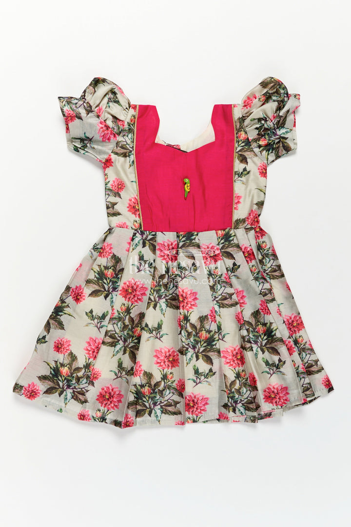 The Nesavu Girls Chanderi Frock Girls Digital Printed Chanderi Frock with Puff Sleeves and Pleated Skirt in Elegant Frock Frill Dress Style Nesavu 18 (2Y) / Green GFC1739A-18 Girls Frock Frill Dress Digital Printed Chanderi Puff Sleeves Pink Contrast Yoke | The Nesavu