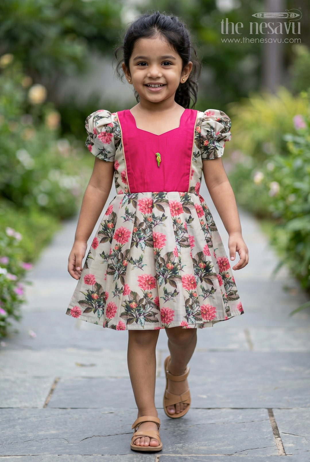 The Nesavu Girls Chanderi Frock Girls Digital Printed Chanderi Frock with Puff Sleeves and Pleated Skirt in Elegant Frock Frill Dress Style Nesavu 18 (2Y) / Green GFC1739A-18 Girls Frock Frill Dress Digital Printed Chanderi Puff Sleeves Pink Contrast Yoke | The Nesavu