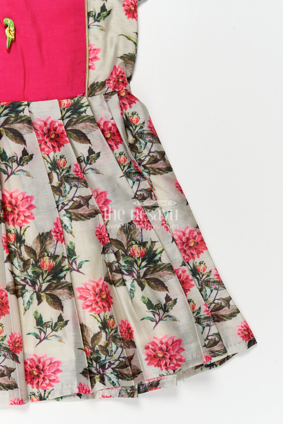 The Nesavu Girls Chanderi Frock Girls Digital Printed Chanderi Frock with Puff Sleeves and Pleated Skirt in Elegant Frock Frill Dress Style Nesavu Girls Frock Frill Dress Digital Printed Chanderi Puff Sleeves Pink Contrast Yoke | The Nesavu